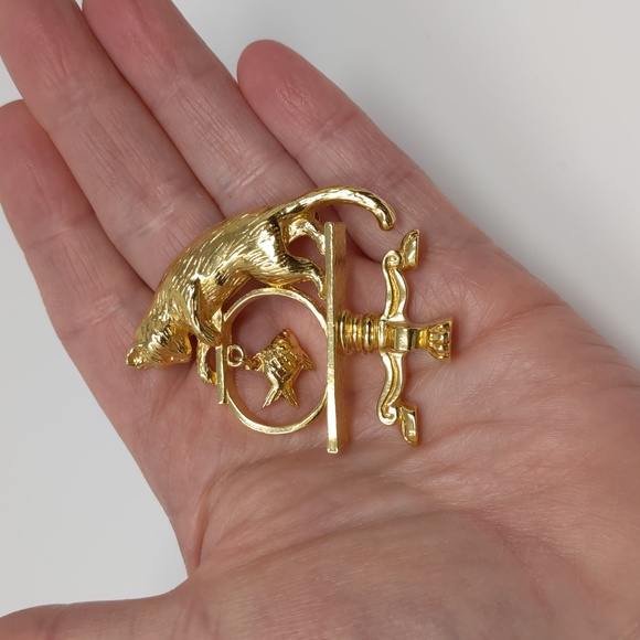 Vintage Avon Cat and Fish Bowl Brooch Pin Gold Tone Signed - Picture 5 of 8